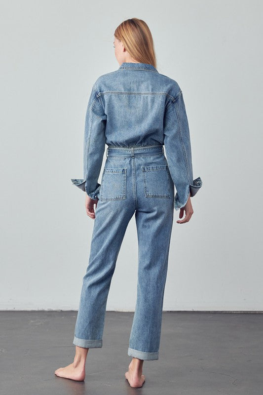 Belted Collared Button Front Denim Jumpsuit