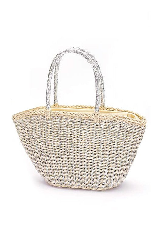 Metallic Faux Straw Basket Tote Bag