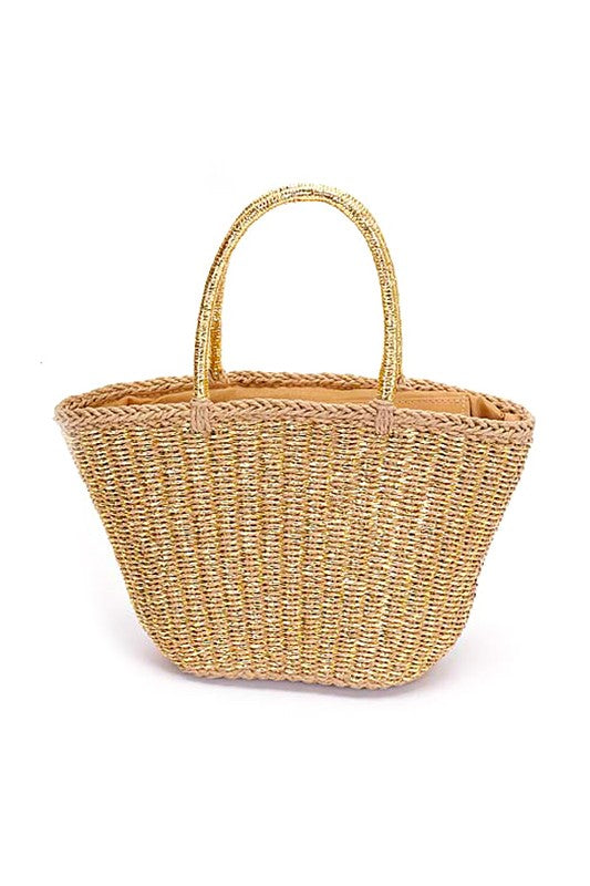 Metallic Faux Straw Basket Tote Bag