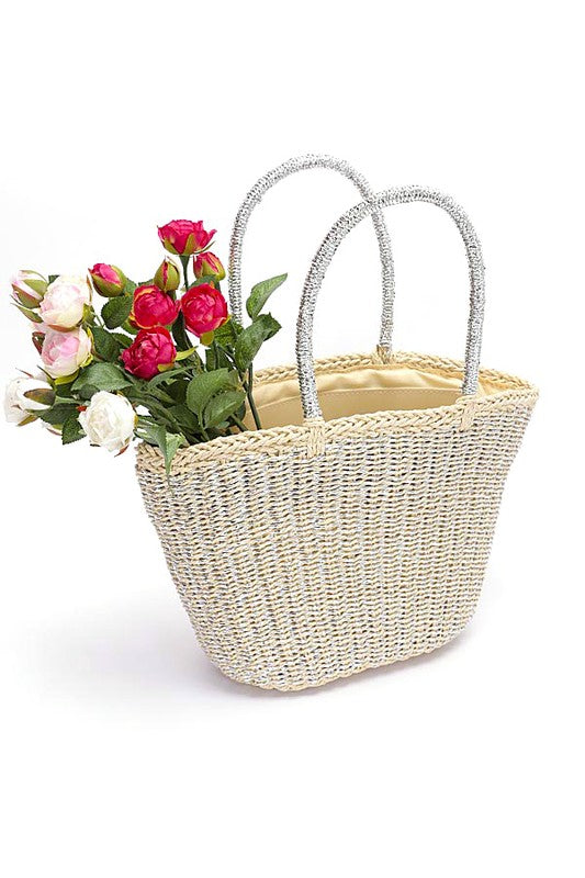 Metallic Faux Straw Basket Tote Bag