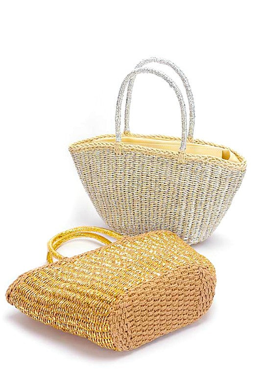 Metallic Faux Straw Basket Tote Bag