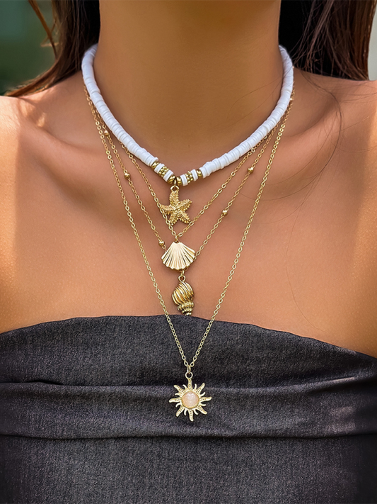 Ocean-style shell conch tassel multi-layer necklace, stacked soft clay starfish necklace