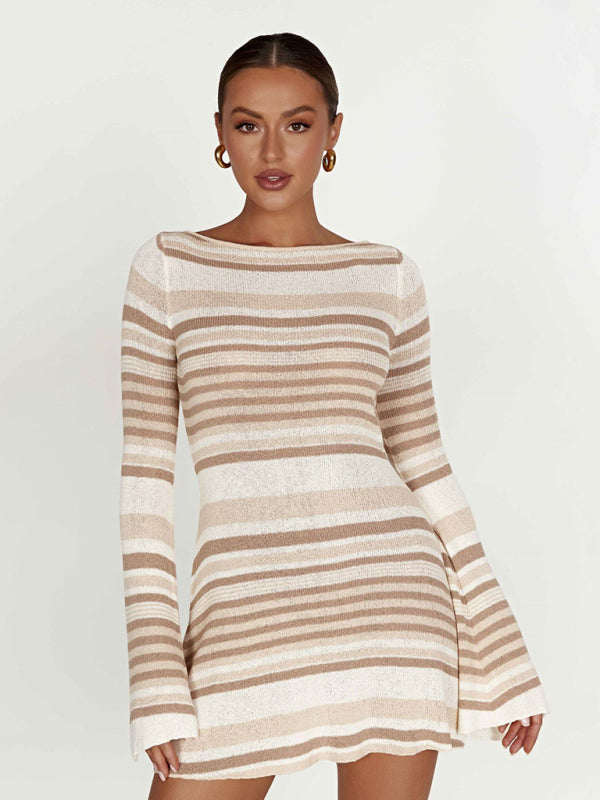 Women's bell sleeves backless striped slim knitted dress